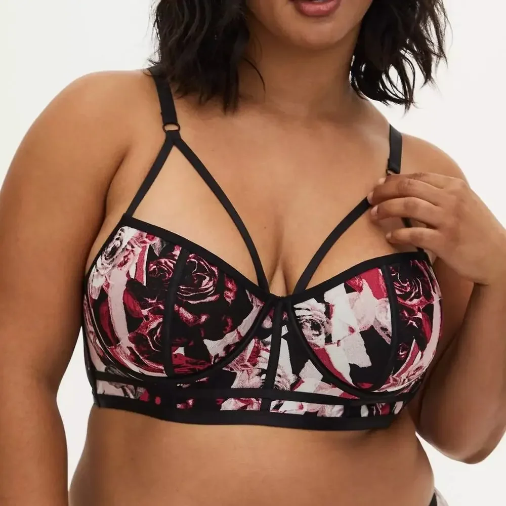 Torrid Plus Size 2 Roses Strappy Mesh Underwire Longline‎ Bralette Bra Lingerie